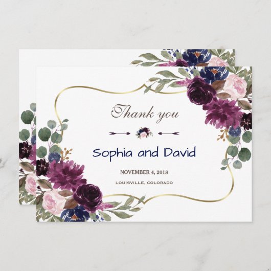 Lavender Navy Gold Floral Bloom Hochzeit Vielen Da Dankeskarte (Vorne/Hinten)