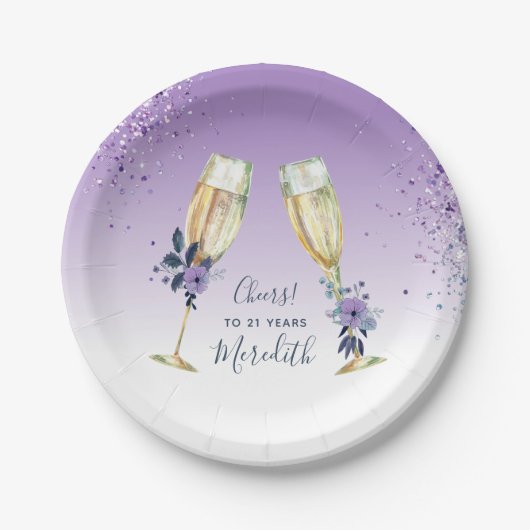 Lavender Ombre Aquamarin Champagne Toast 21. Gebur Pappteller (Vorderseite)
