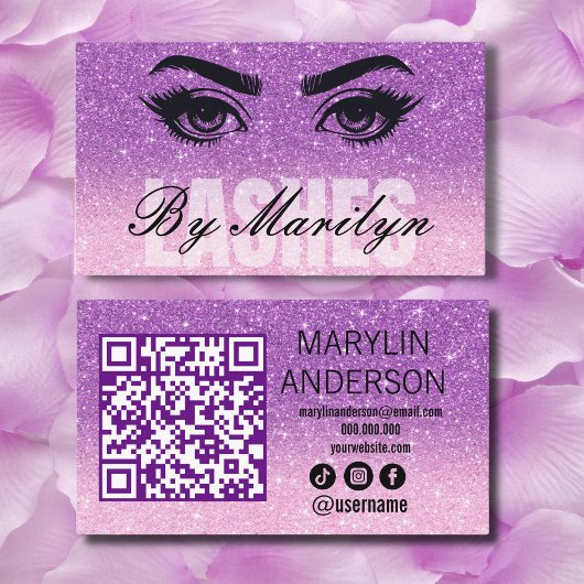 Lavender Ombre Glitzer Lash Technician QR Visitenkarte