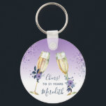 Lavender Ombre Teal Champagne Toast 21st Birthday Schlüsselanhänger<br><div class="desc">Our unique 21st Birthday keychain features two champagne glasses ready to toast the birthday honoree, whose name is written in elegant script typography just below text that reads "Cheers! to 21 years." Floral sprigs in dusty lavender and dark teal decorate the glasses filled with golden champagne. Purple and teal glitter...</div>