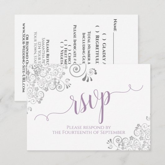 Lavender on White Elegant Calligraphy Wedding RSVP Karte (Vorne/Hinten)