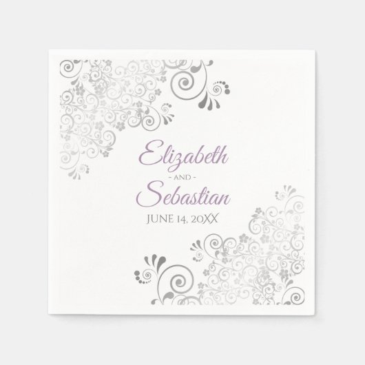 Lavender on White & Silver Frills Elegante Wedding Serviette (Vorderseite)