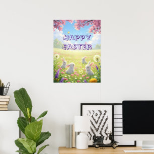 Lavender Ostern Süßer Weißer Hase Floral Frühling Poster