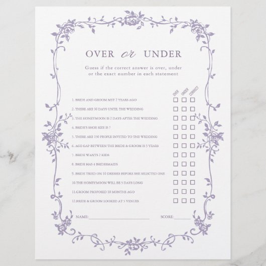 Lavender 'Over or Under' Bridal Shower Game (Vorderseite)