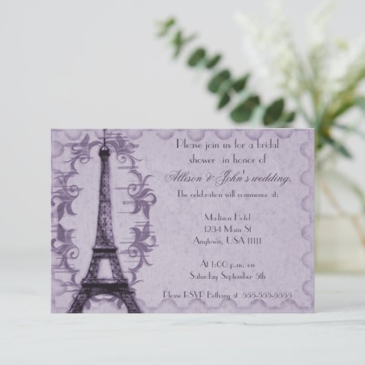 Lavender Paris Grunge Bridal Dusche Einladung (Stehend Vorderseite)