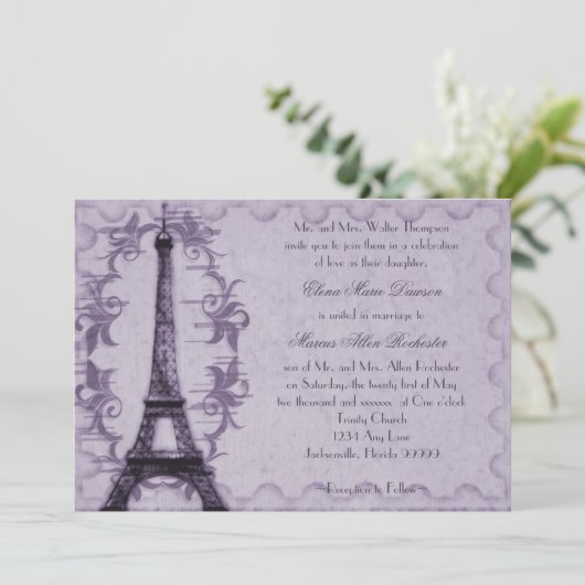 Lavender Paris Grunge Einladung zur Hochzeit (Stehend Vorderseite)
