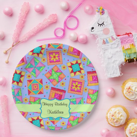 Lavender Patchwork Quilt Blockname Happy Birthday Pappteller (Party)