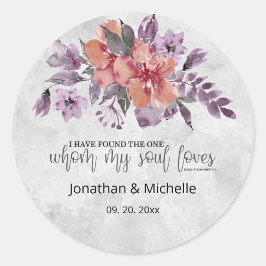 Lavender Peach Silver Floral Bible Verse Hochzeit Runder Aufkleber (Vorderseite)