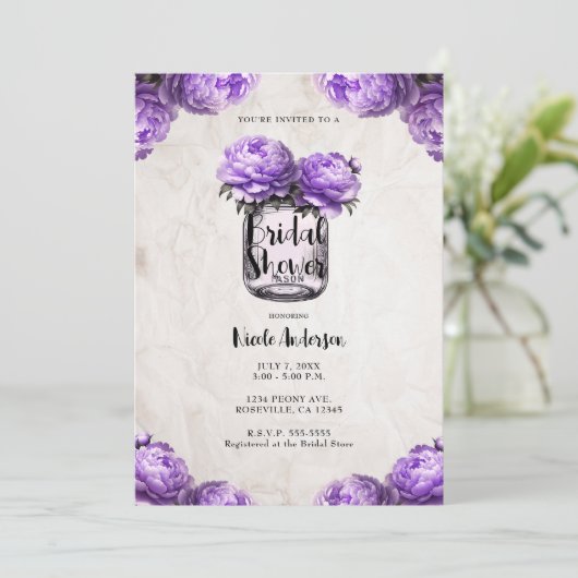 Lavender Peony Mason Jar Rustikales Brautparty Einladung (Stehend Vorderseite)