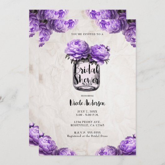 Lavender Peony Mason Jar Rustikales Brautparty Einladung (Vorne/Hinten)
