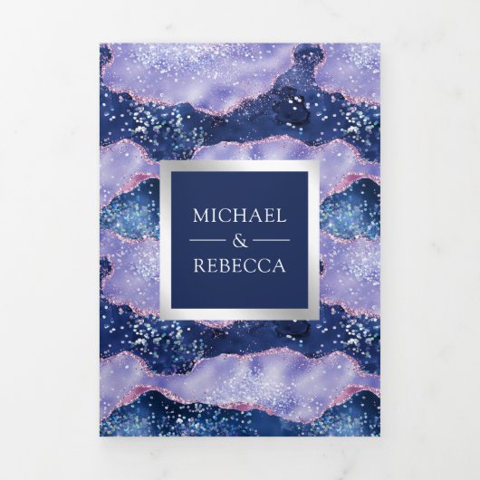 Lavender Periwinkle Agate Marble QR Code Wedding Dreifach Gefaltete Einladung (Cover)