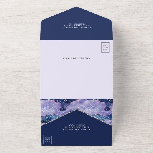 Lavender Periwinkle Glitzer Agate Marble Wedding All In One Einladung (Außenbereich)