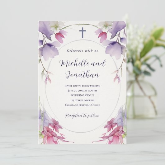 Lavender Pink Bläserbibel Christliche Cross-Hochze Einladung (Stehend Vorderseite)
