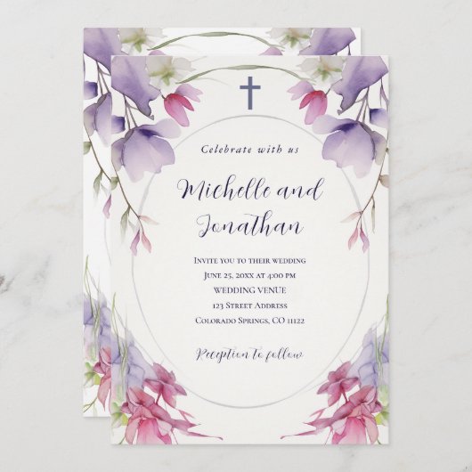 Lavender Pink Bläserbibel Christliche Cross-Hochze Einladung (Vorne/Hinten)