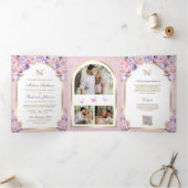 Lavender Pink Floral Gold Arch Butterfly Hochzeit Dreifach Gefaltete Einladung (Innenseite)