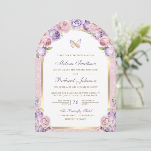 Lavender Pink Floral Gold Arch Butterfly Hochzeit Einladung (Stehend Vorderseite)