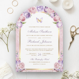 Lavender Pink Floral Gold Arch Butterfly Hochzeit Einladung