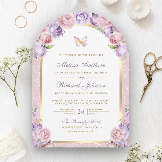 Lavender Pink Floral Gold Arch Butterfly Hochzeit Einladung