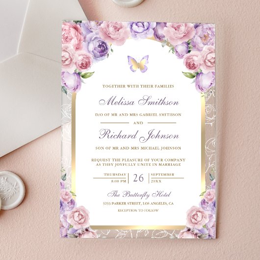 Lavender Pink Floral Gold Arch Butterfly Wedding Acryleinladungen