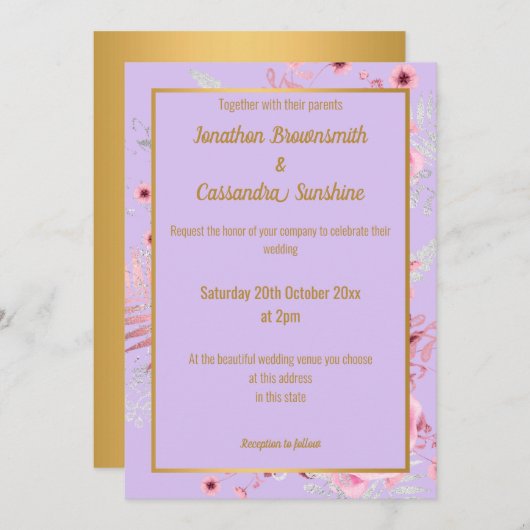 LAVENDER PINK GOLD FLORAL WEDD GOLD INVITATION EINLADUNG (Vorne/Hinten)