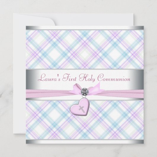Lavender Pink Heart Pink Cross First Communion Einladung (Vorderseite)