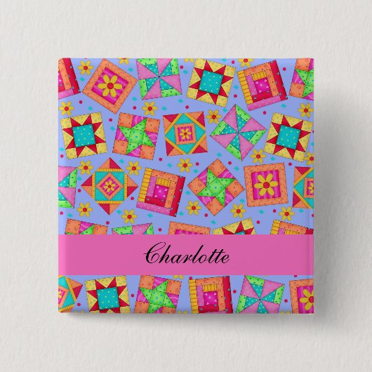 Lavender Pink Patchwork Quilt Blocks Name Abzeiche Button (Vorderseite)