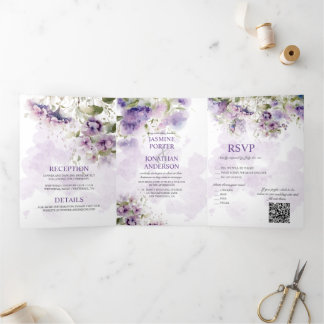 Lavender Platterbsen Tri-Fold Wedding Dreifach Gefaltete Einladung