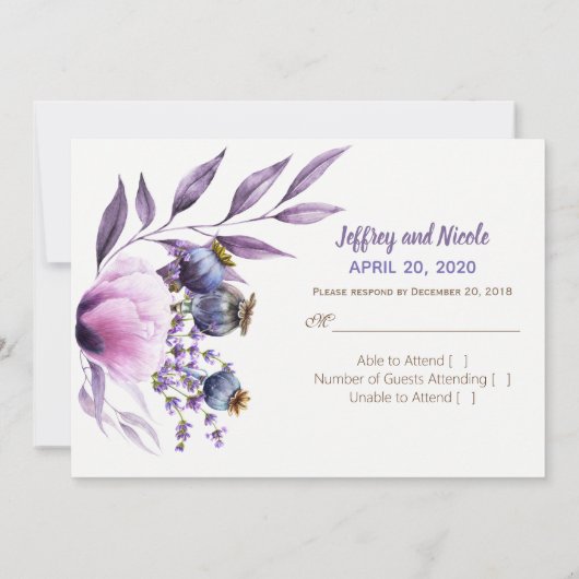 Lavender Poppy Watercolor Wedding RSVP Einladung (Rückseite)