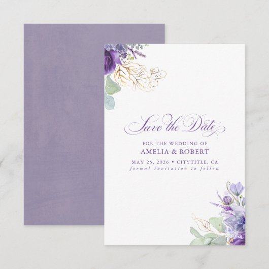 Lavender Purple Botanical Elegant Save the Date (Vorne/Hinten)