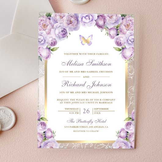 Lavender Purple Floral Gold Arch Butterfly Wedding Acryleinladungen