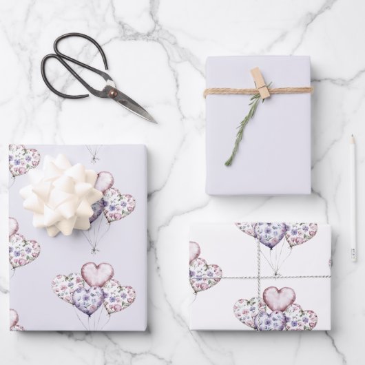 Lavender Purple Floral Heart Balloons Valentine Geschenkpapier Set (Vorderseite)