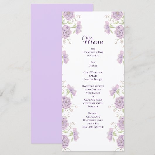 Lavender Purple Rose Wedding Menus Menükarte (Vorne/Hinten)