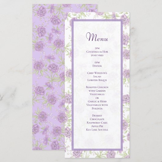 Lavender Purple Rose Wedding Menus Menükarte (Vorne/Hinten)