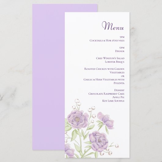 Lavender Purple Rose Wedding Menus Menükarte (Vorne/Hinten)