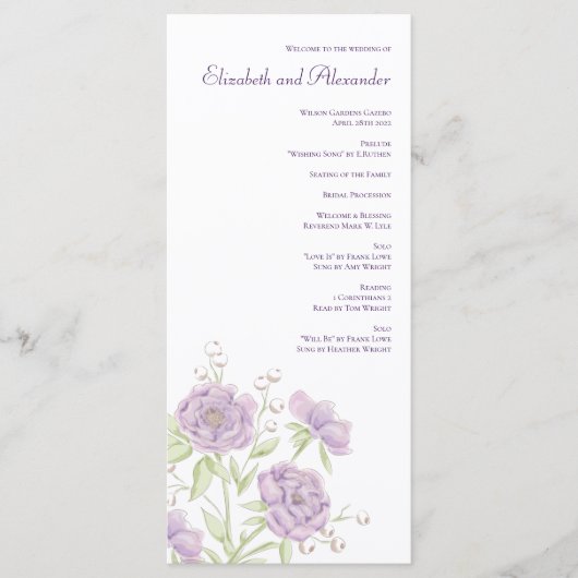 Lavender Purple Rose Wedding Programs Menükarte (Vorderseite)