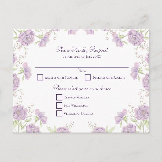 Lavender Purple Rose Wedding RSVP Feiertagspostkarte (Vorderseite)