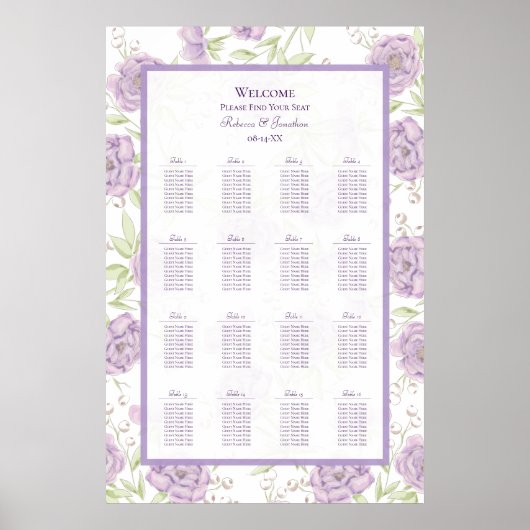 Lavender Purple Rose Wedding Seating Chart Poster (Vorne)