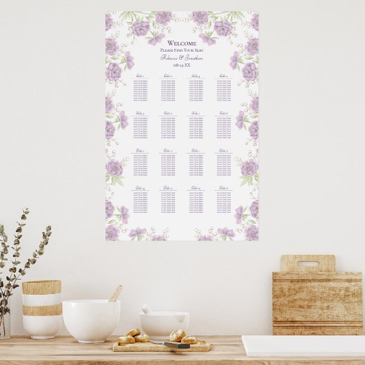 Lavender Purple Rose Wedding Seating Chart Poster (Küche)