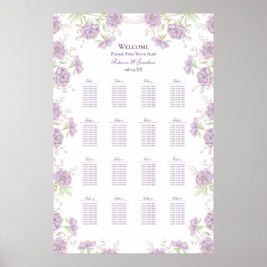 Lavender Purple Rose Wedding Seating Chart Poster (Vorne)