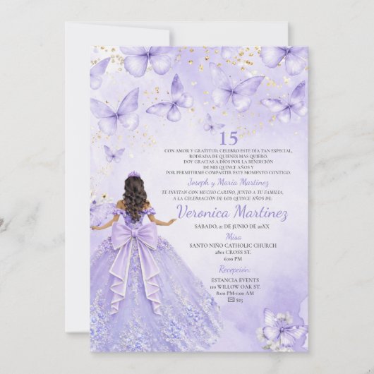 Lavender Quinceañera Invitation with Butterflies Einladung (Vorderseite)