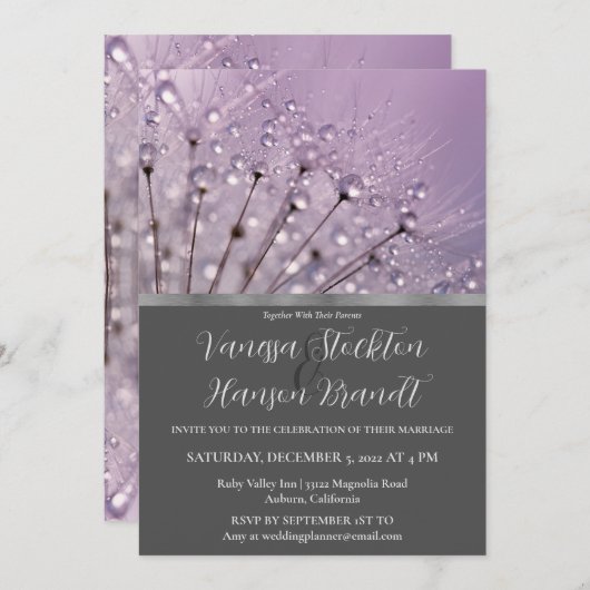 Lavender Raindrops Hochzeitseinladung Einladung (Vorne/Hinten)