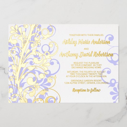 Lavender Real Gold Foil Bloral Wedding Folieneinladung (Vorderseite)