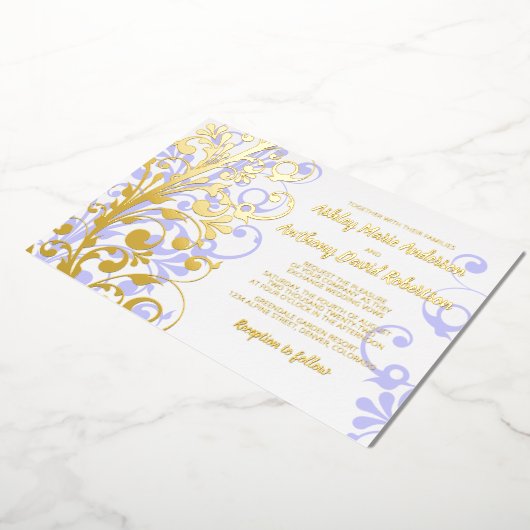 Lavender Real Gold Foil Bloral Wedding Folieneinladung (Gedreht)