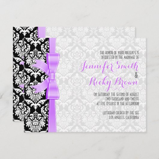 Lavender Ribbon Schwarz-Weiß Damaskus Hochzeit Einladung (Vorne/Hinten)