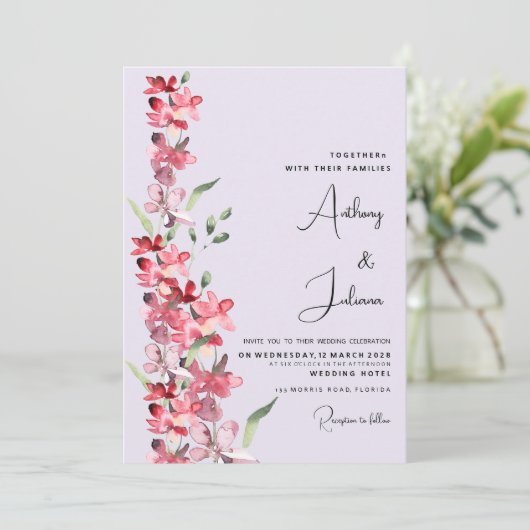 Lavender rosa bordeauxfarbene Pfefferminzblütenhoc Einladung (Stehend Vorderseite)