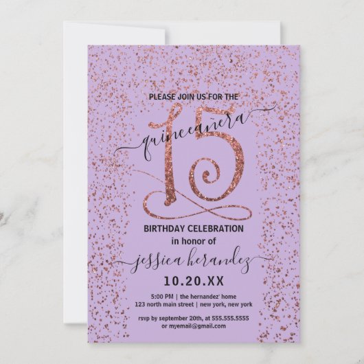 Lavender Rose Gold Confetti Border Quinceañera Einladung (Vorderseite)