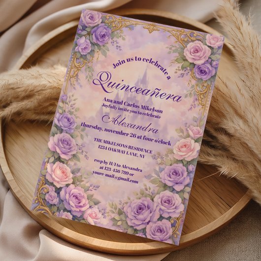Lavender Rose Gold Garden Quinceañera Einladung