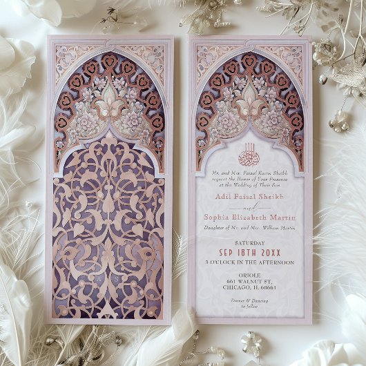 Lavender & Rose Gold Islamische Arch-Hochzeit Einladung