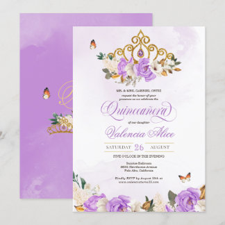 Lavender Rose Gold Tiara Lila Butterfly Quince Einladung
