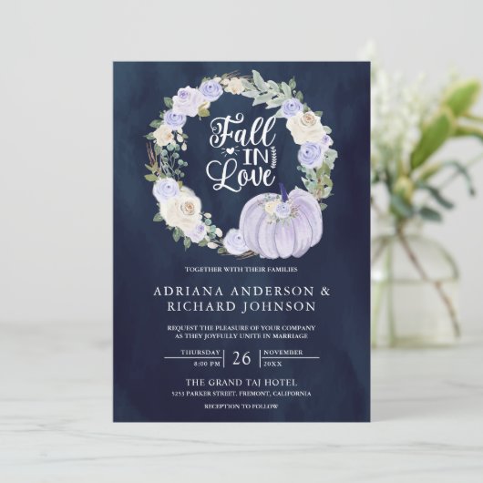 Lavender Rose Pumpkin Foto QR Code Navy Hochzeit Einladung (Stehend Vorderseite)